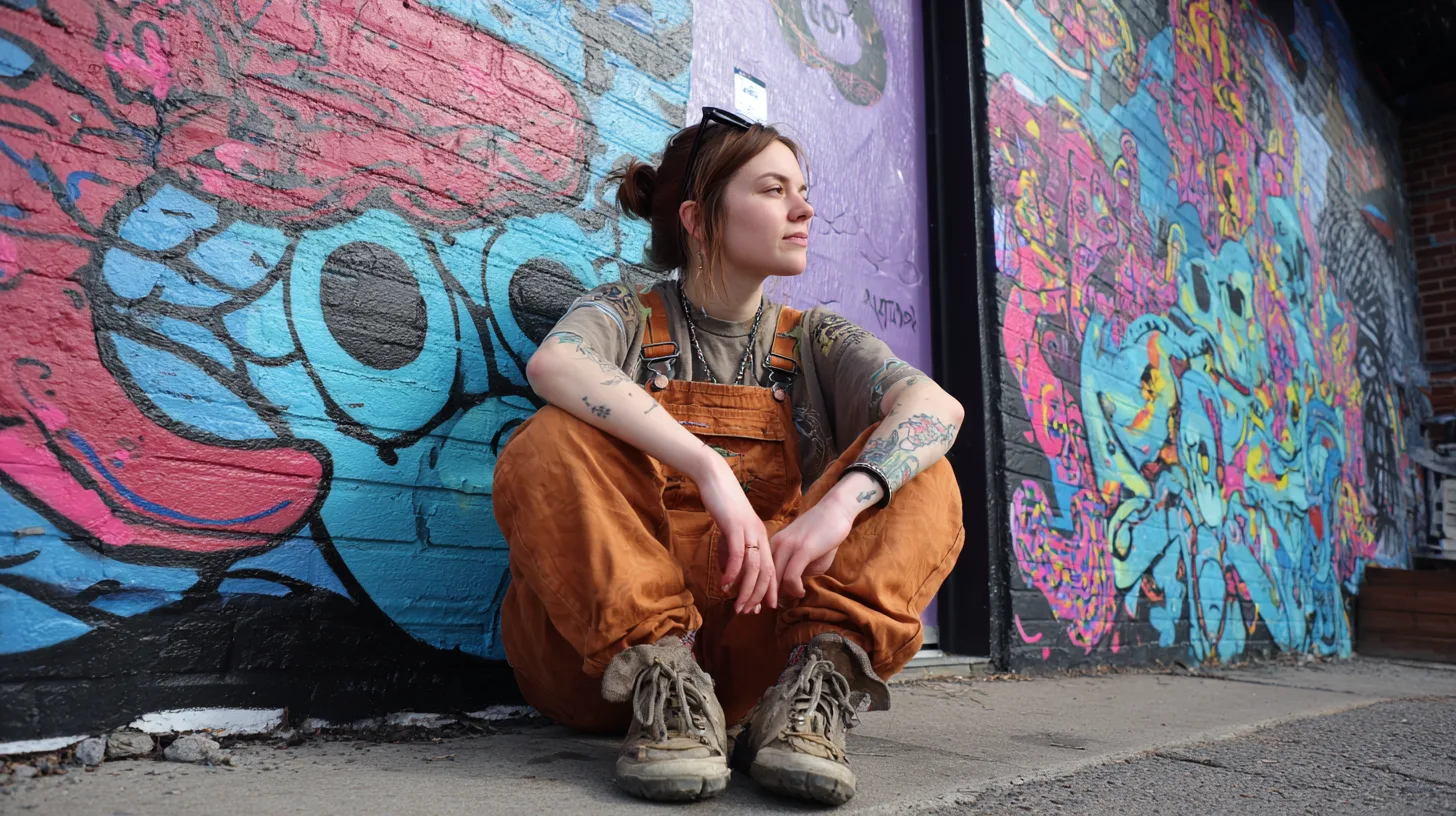 A creator sitting against a mural wall